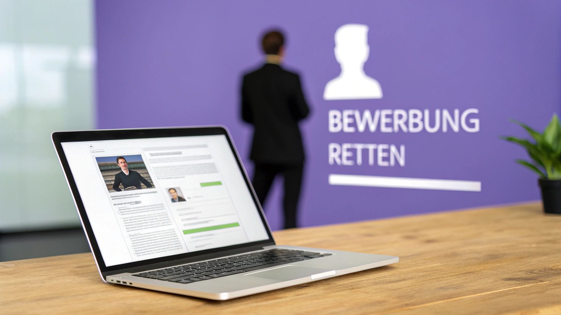 Laptop auf Holztisch zeigt Online-Bewerbung; im Hintergrund lilafarbene Wand mit 'Bewerbung retten' und einer unscharfen Person.