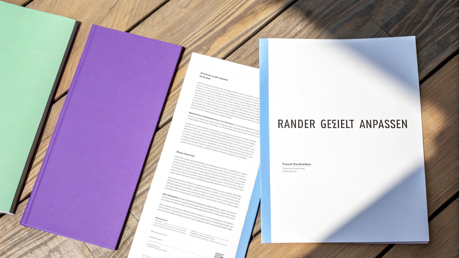 Mehrere Notizbücher und ein offenes Dokument mit dem Titel 'RÄNDER GEZIELT ANPASSEN' auf einem Holztisch.