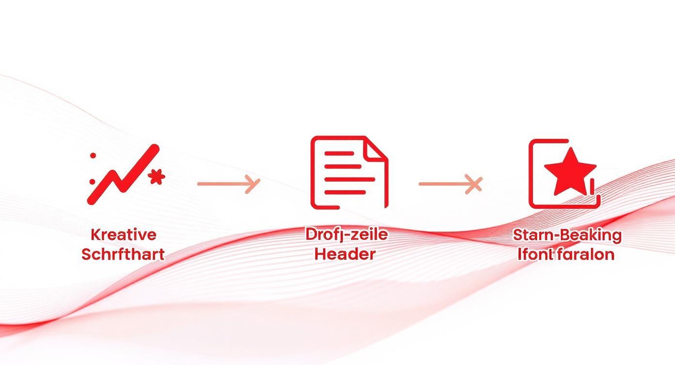 Drei rote Symbole, verbunden durch Pfeile, zeigen einen Prozess mit Textbeschreibungen auf einem Hintergrund mit roten Wellen.