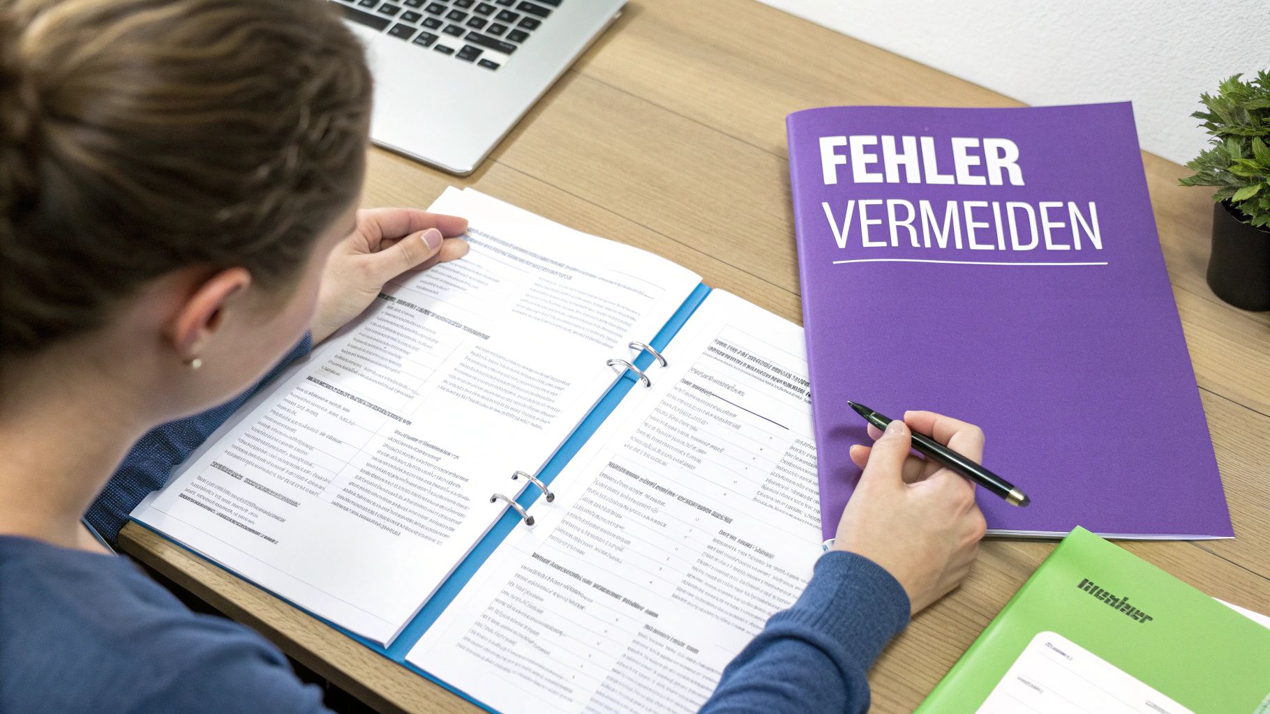 Eine Person liest konzentriert in einem geöffneten Ordner mit der Aufschrift 'FEHLER VERMEIDEN' und hält einen Stift.