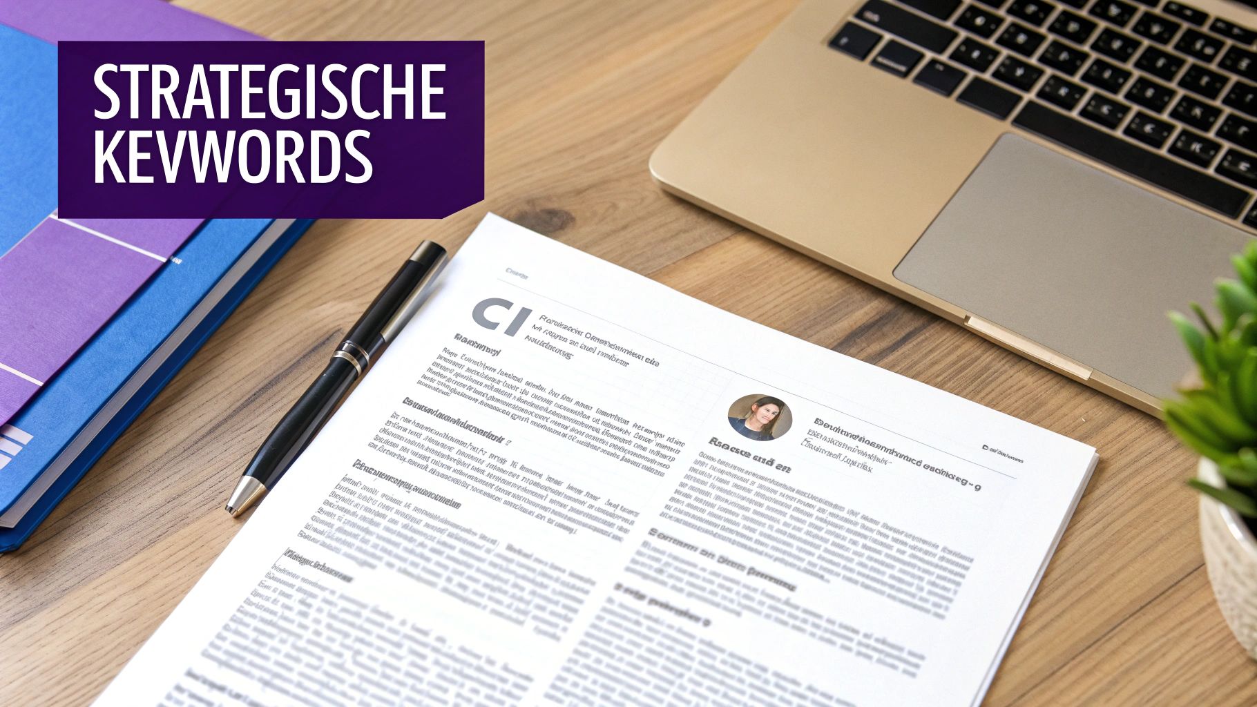 Schreibtisch mit Laptop, Dokumenten, Stift und Ordnern, überlagert mit 'STRATEGISCHE KEYWORDS' in einer lila Box.
