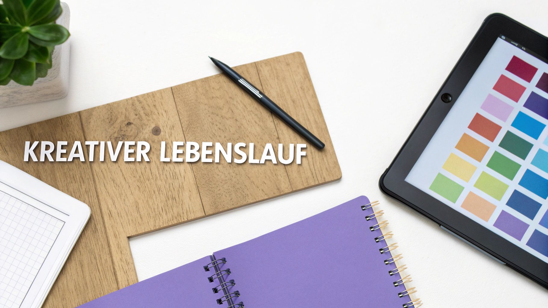 Ansicht von oben auf einen Schreibtisch mit Tablet, Stift, Notizbuch und dem Text 'KREATIVER LEBSLAUF' auf einer Holzunterlage.