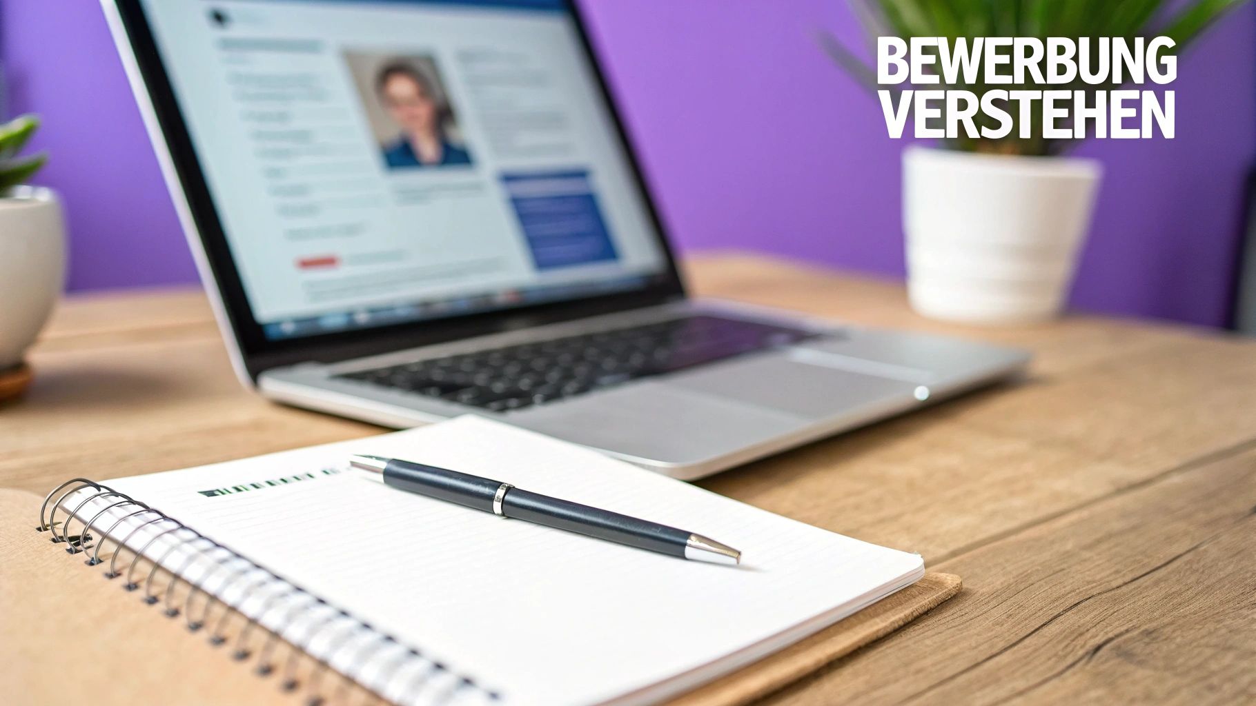 Laptop zeigt Bewerbungsunterlagen mit Profilbild, Notizbuch und Stift auf Holztisch. Der Text 'BEWERBUNG VERSTEHEN' ist eingeblendet.