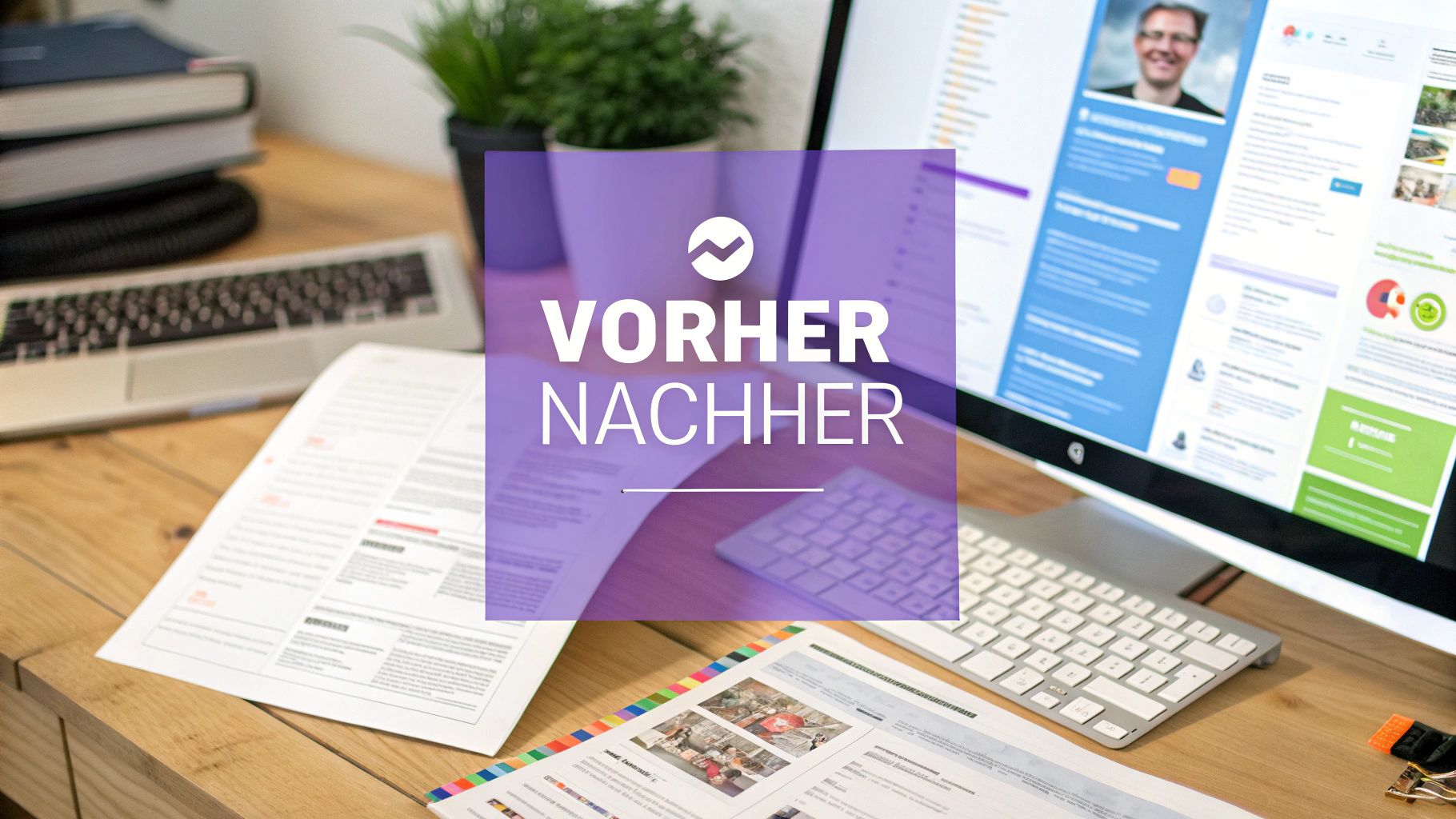 Schreibtisch mit Monitor, Laptop, Dokumenten und Pflanzen, überlagert von VORHER NACHHER Text.