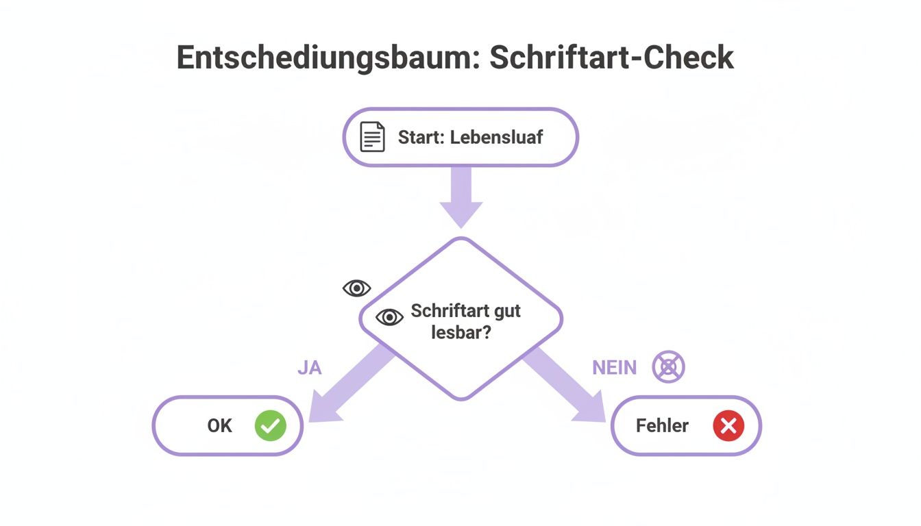 Ein Entscheidungsbaum zur Überprüfung der Schriftartlesbarkeit in einem Lebenslauf, der zu 'OK' oder 'Fehler' führt.