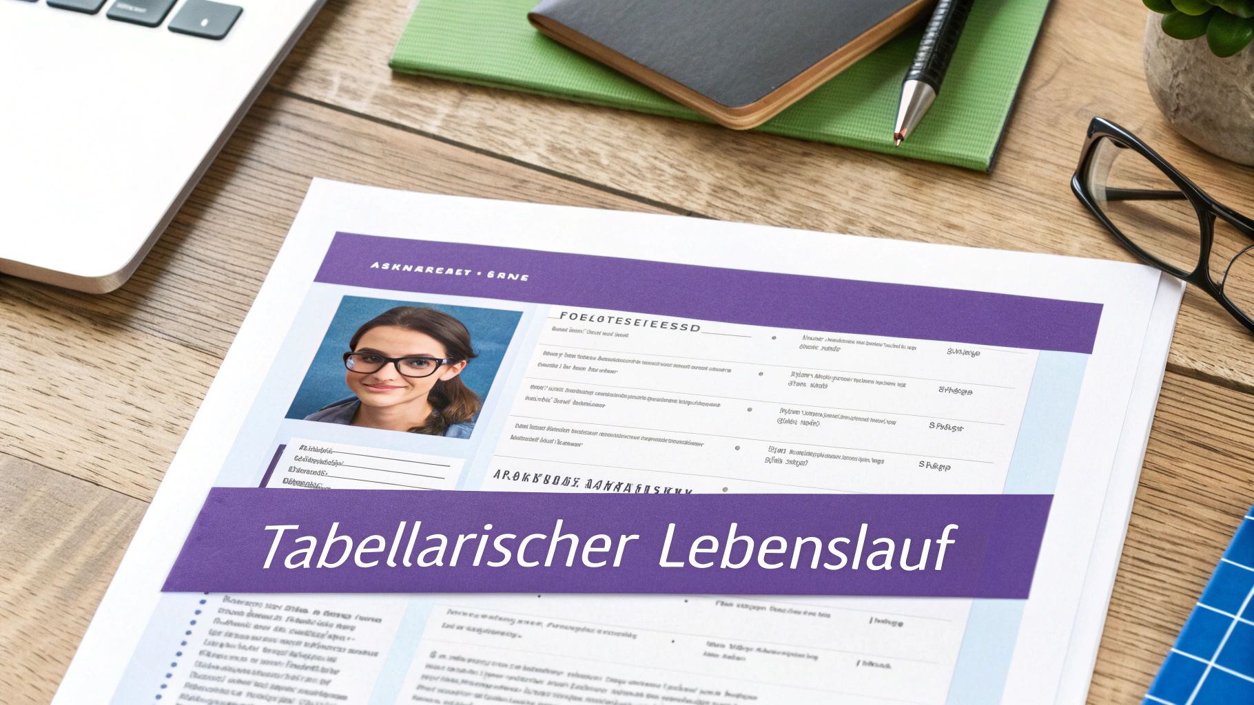 Ein tabellarischer Lebenslauf auf einem Holztisch, umgeben von Laptop, Brille und Notizbuch.