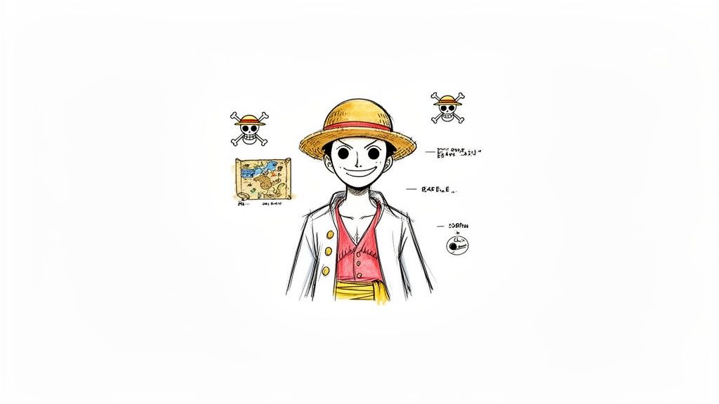 A detailed sketch of Monkey D. Luffy wearing his straw hat, surrounded by pirate flags and a treasure map.
