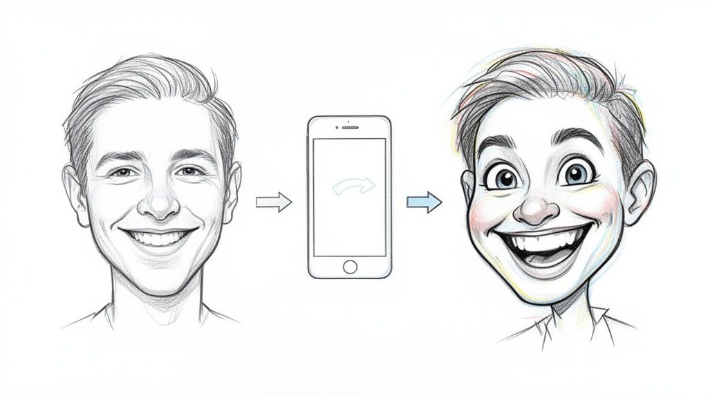 A digital process showing a realistic sketch transforming into a vibrant, smiling caricature on a phone.