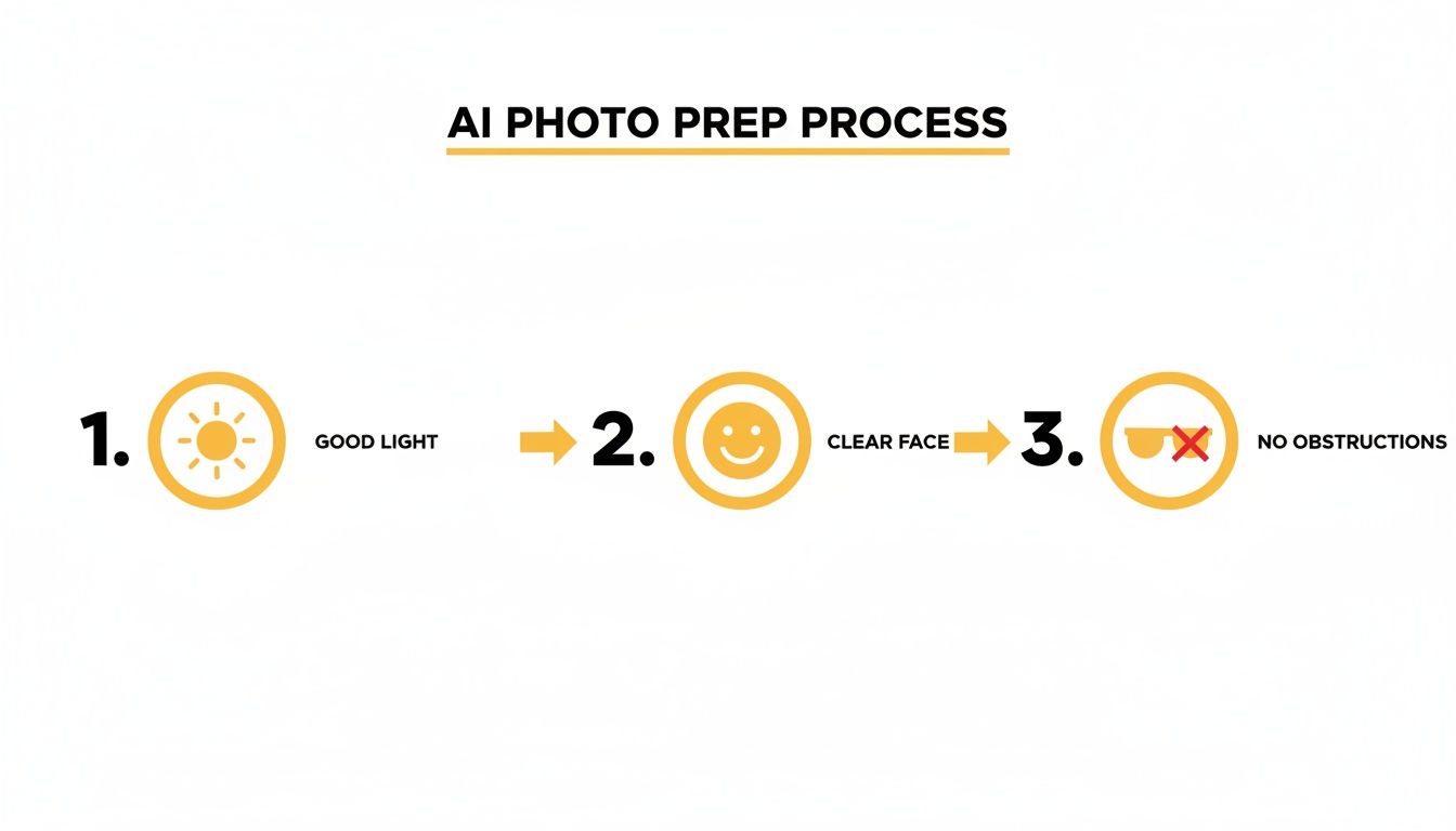 A visual guide illustrating the AI photo preparation process: good light, clear face, and no obstructions.