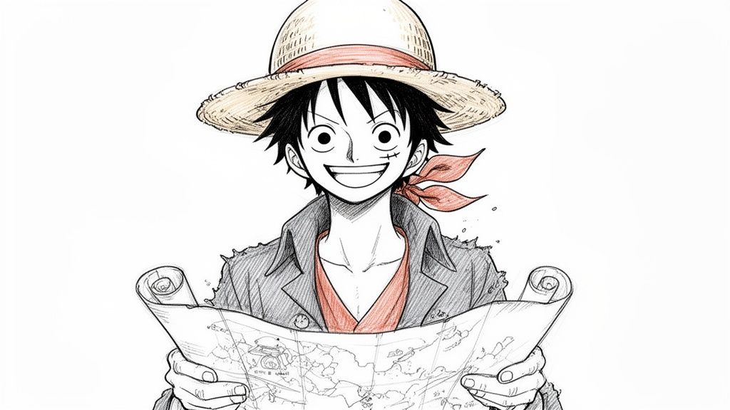 Luffy from One Piece smiling, wearing a straw hat and holding a treasure map.