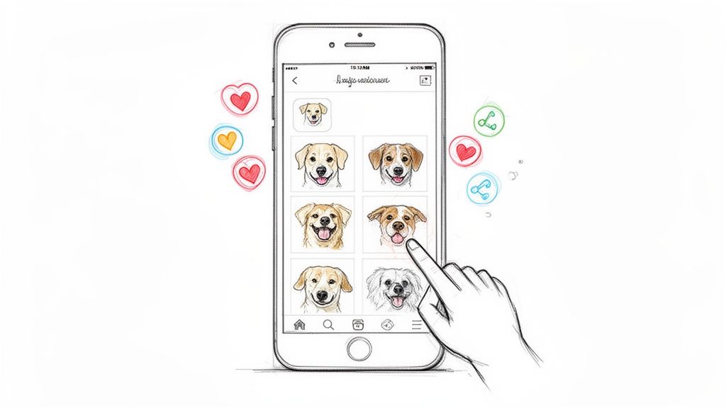 Hand-drawn illustration of a phone screen displaying a social media app with cartoon dog faces and engagement icons.