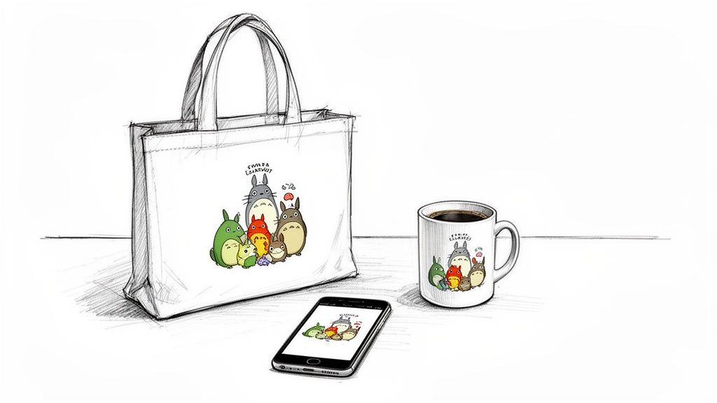 A sketch of a white tote bag, coffee mug, and smartphone displaying colorful My Neighbor Totoro characters.