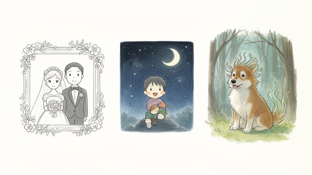 Three illustrations: a wedding couple, a boy under a starry moonlit sky, and a magical dog in a forest.
