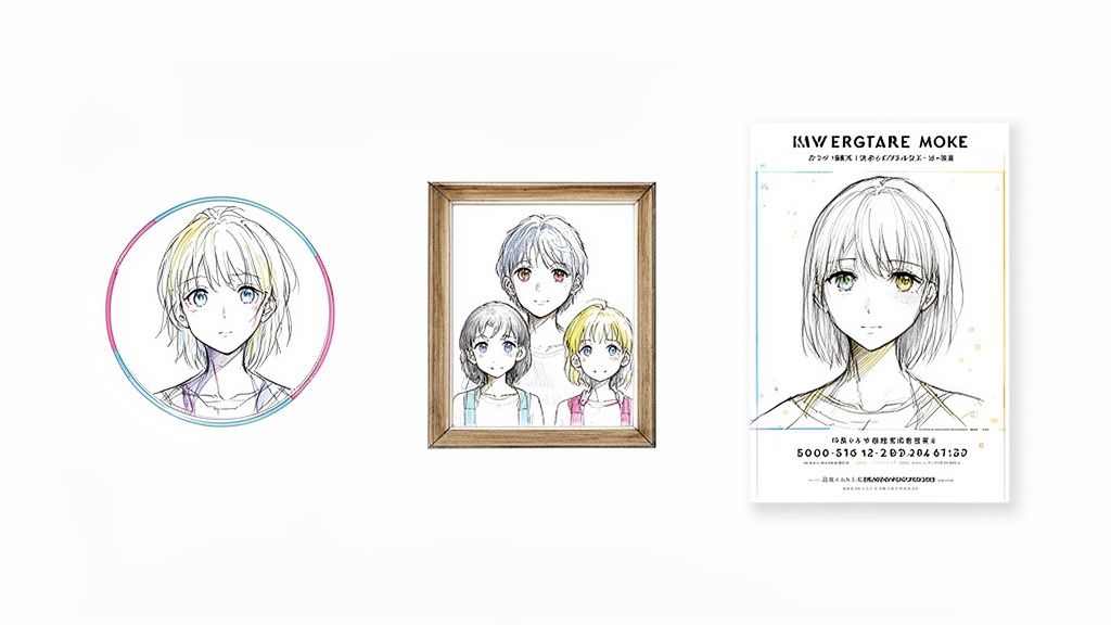 Three distinct anime-style illustrations: a circular portrait, a framed family image, and a book cover.