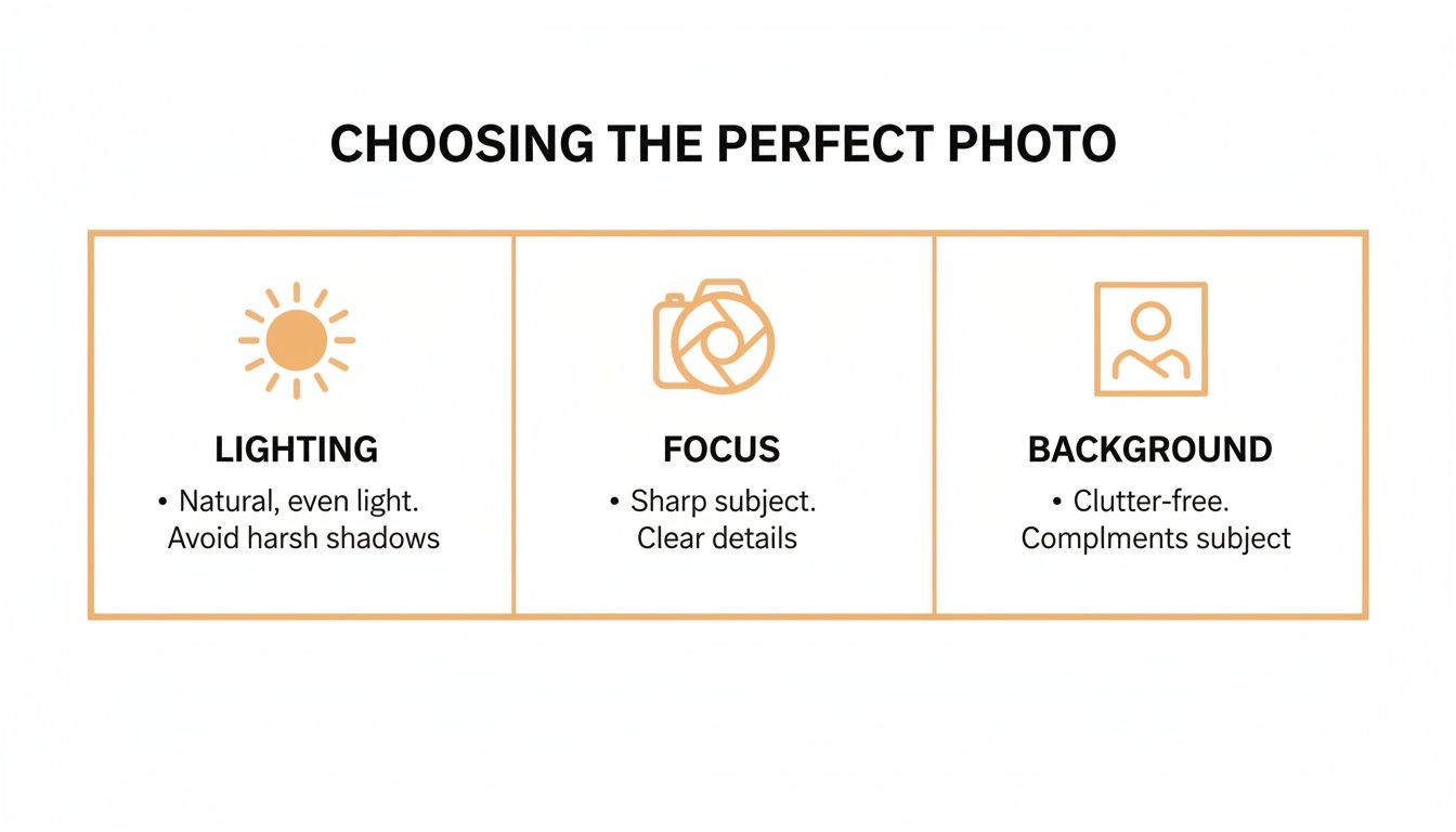 Visual guide titled 'Choosing the Perfect Photo' with tips on lighting, focus, and background.