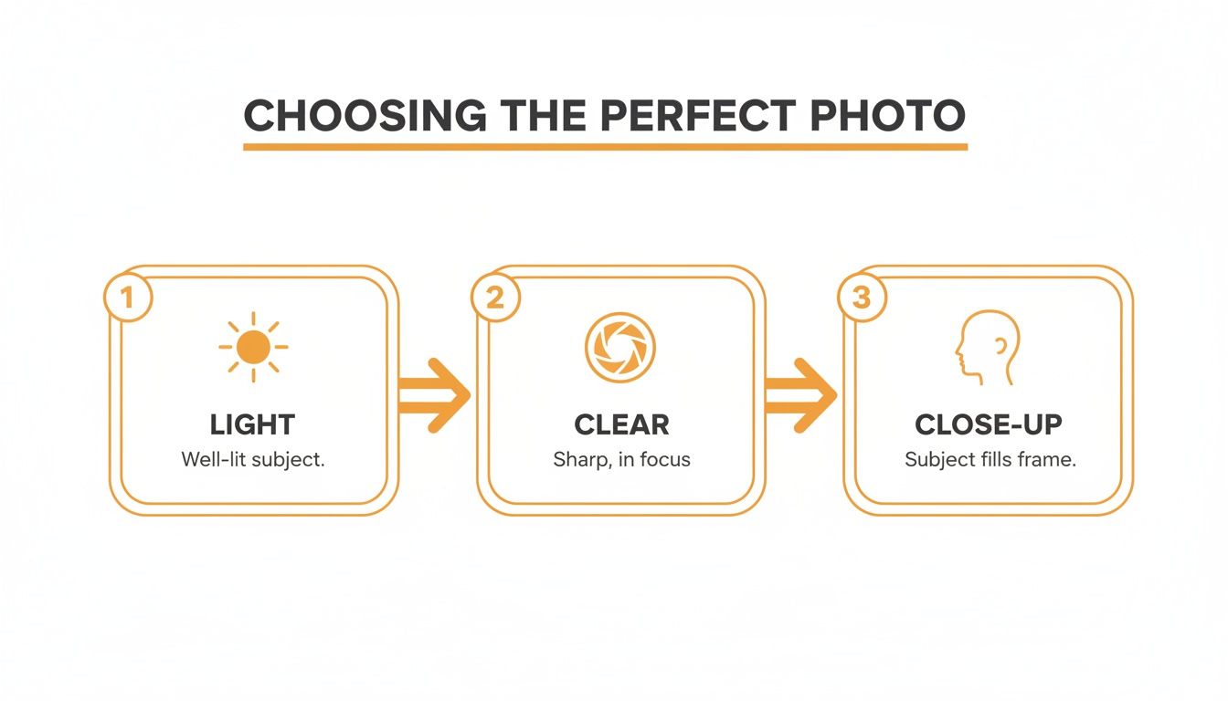 An infographic illustrating three key steps to choosing the perfect photo: light, clear, and close-up.