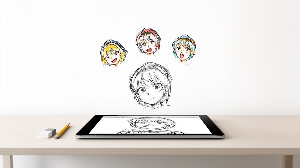 Digital tablet on a desk, showing anime character drawing evolution from sketch to colored faces.