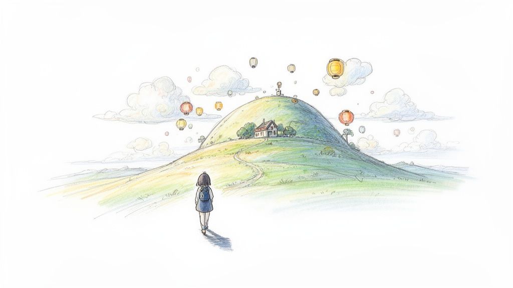 A whimsical drawing of a girl walking up a winding path towards a house on a green hill with floating lanterns.