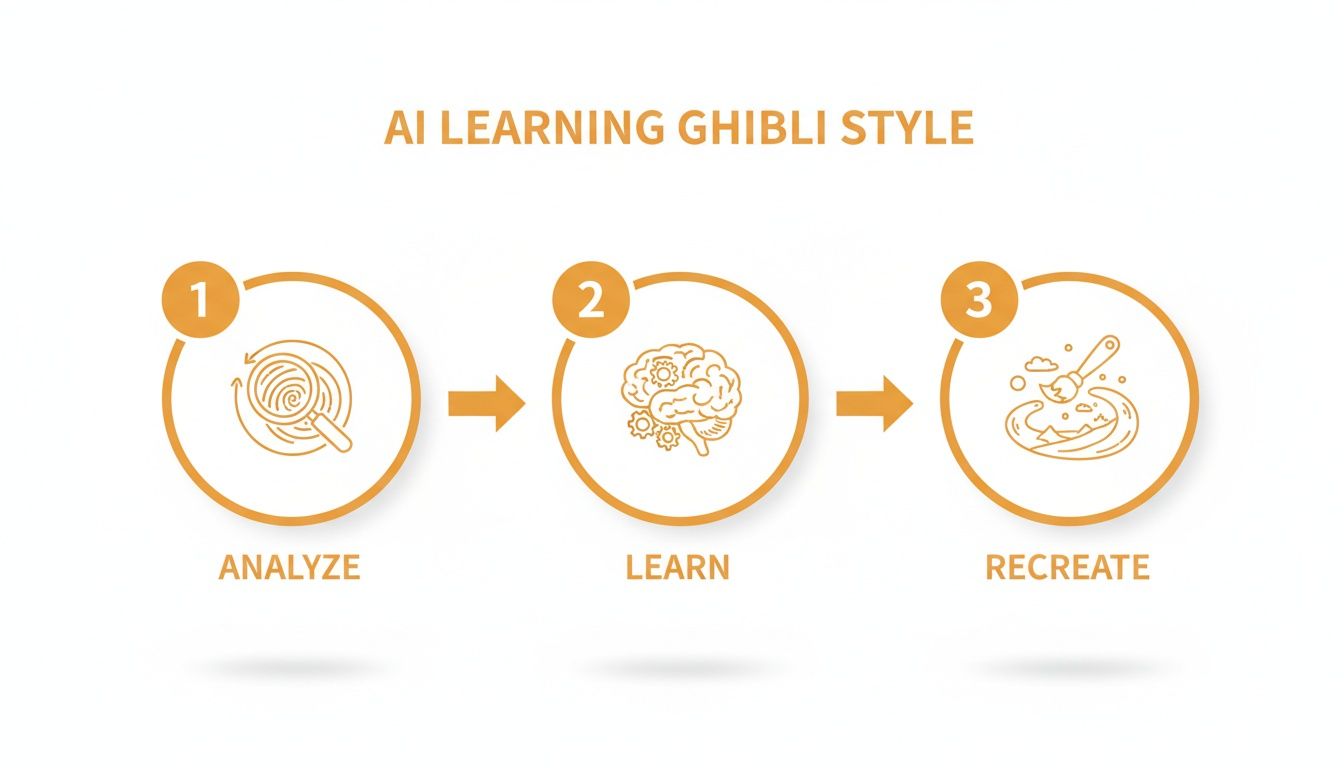 A three-step diagram illustrates AI learning Ghibli style: analyze, learn, and recreate.