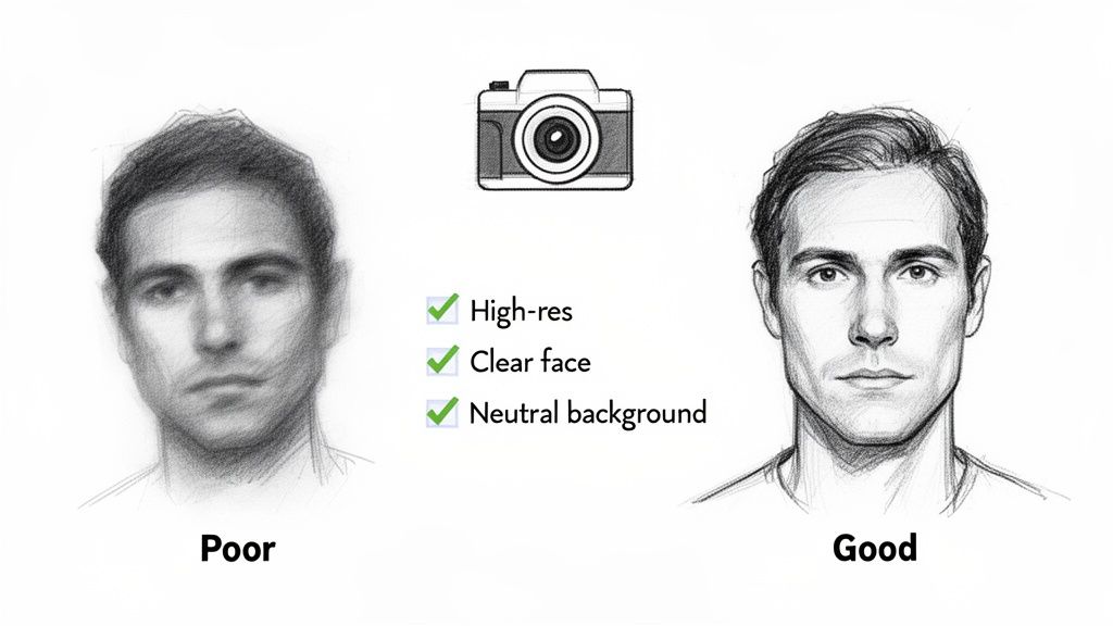 Illustrations comparing poor and good quality profile pictures, emphasizing high-res, clear face, and neutral background.