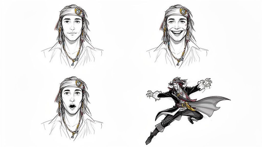 Four illustrations of a character: three portraits showing varied expressions and one full-body action shot.