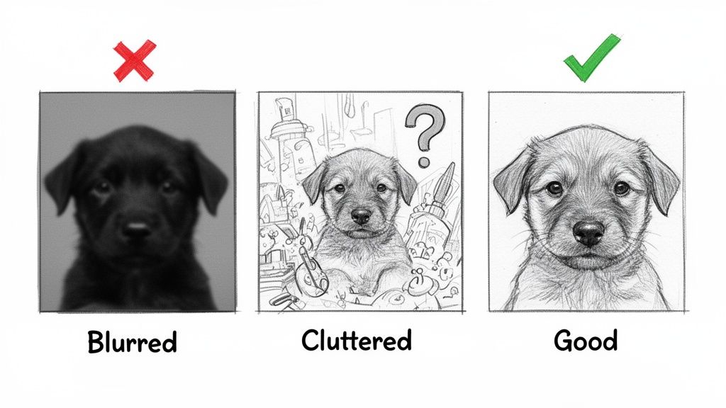 Three puppy illustrations show examples of blurred, cluttered, and good image quality for artistic reference.