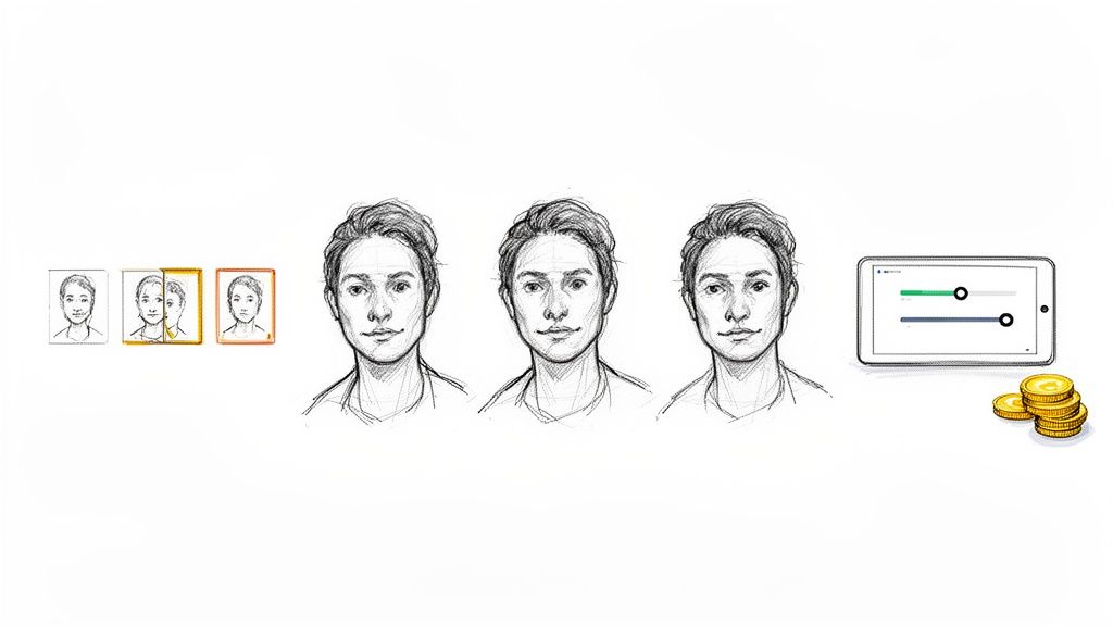 AI-powered image generation concept showing face variations, control sliders, and payment.