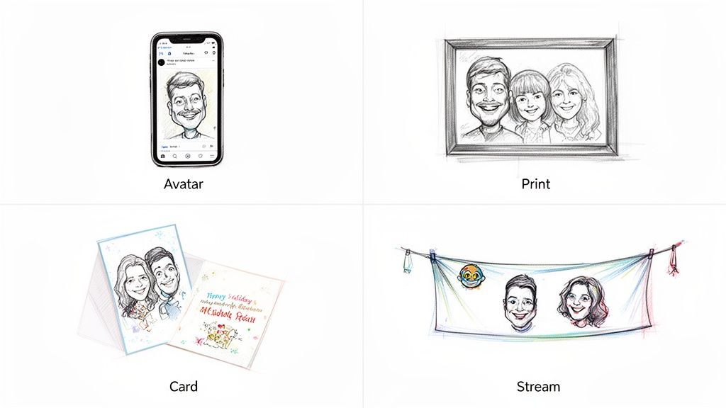 Four examples of custom caricatures: an avatar on a phone, a family print, a greeting card, and stream graphics.