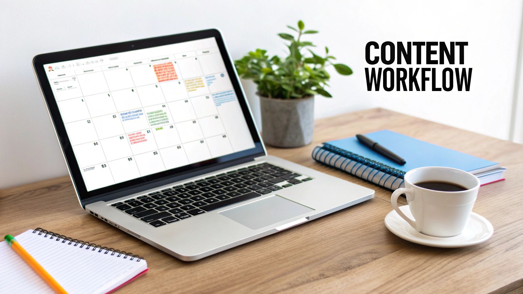 A laptop displaying a content calendar, with coffee, notebooks, and a plant on a wooden desk.