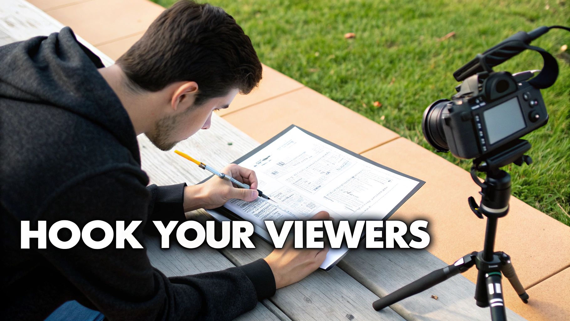 A person outlines video content outdoors with a camera setup nearby, emphasizing viewer engagement.