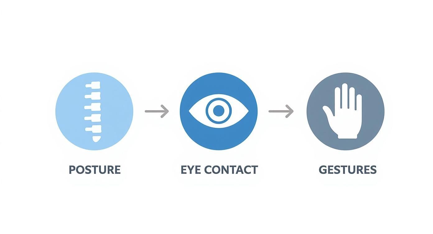 A diagram showing a flow of three elements: Posture, Eye Contact, and Gestures, connected by arrows.