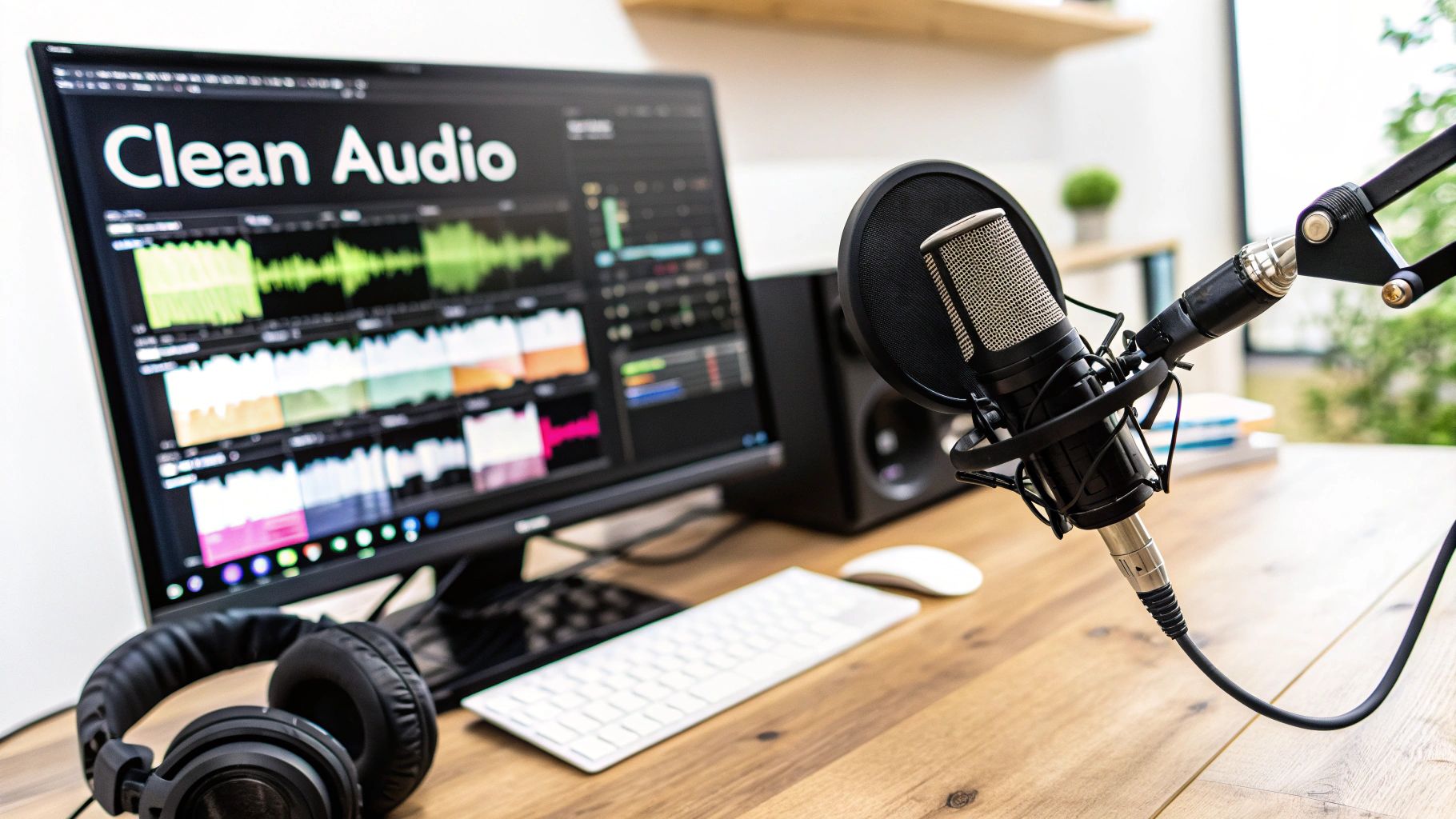 A professional audio editing workstation with a microphone, headphones, and a monitor displaying audio waveforms.