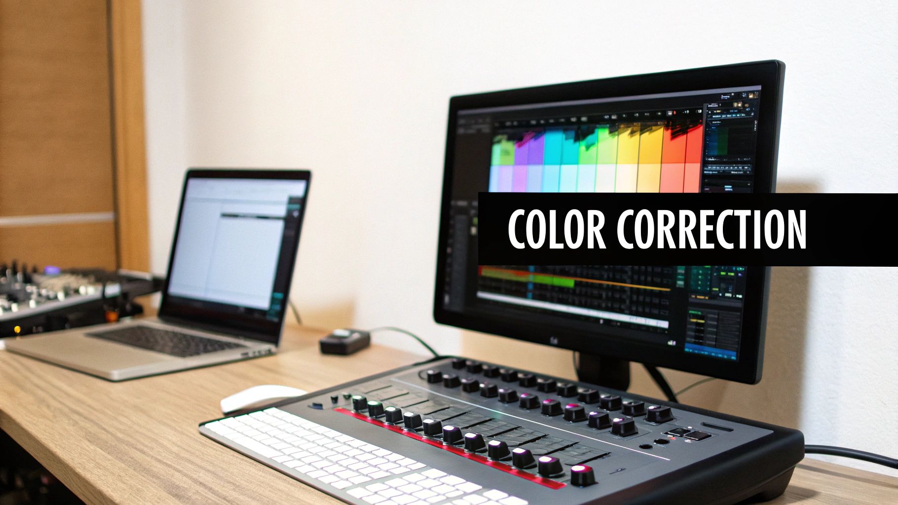 A professional video editing desk with a laptop, monitor displaying color correction software, and control surface.