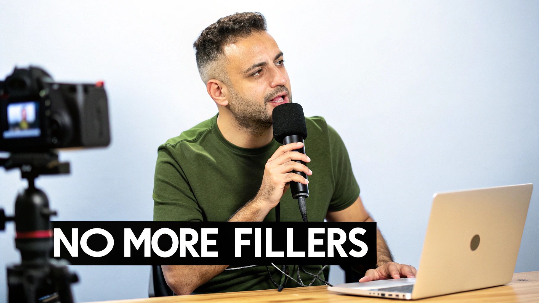 Content creator recording podcast episode about eliminating filler words while speaking into microphone