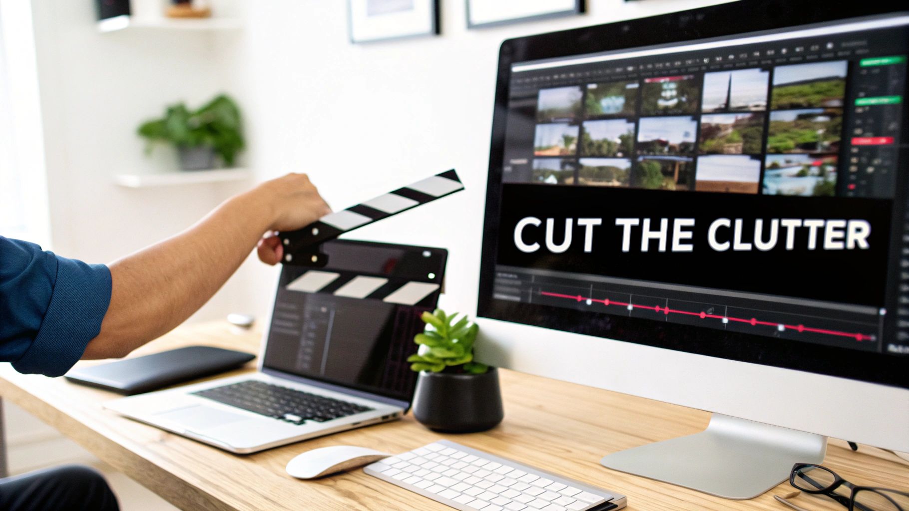 Close-up of a person holding a clapperboard, editing videos on a computer displaying 'CUT THE CLUTTER'.