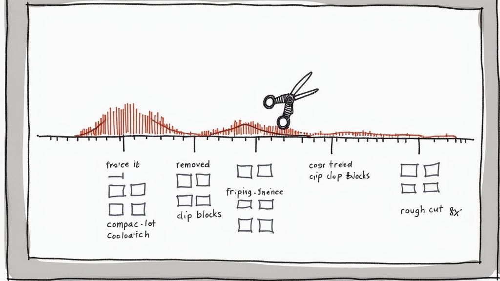 A hand-drawn timeline graph with a waveform and scissors, illustrating video editing stages.