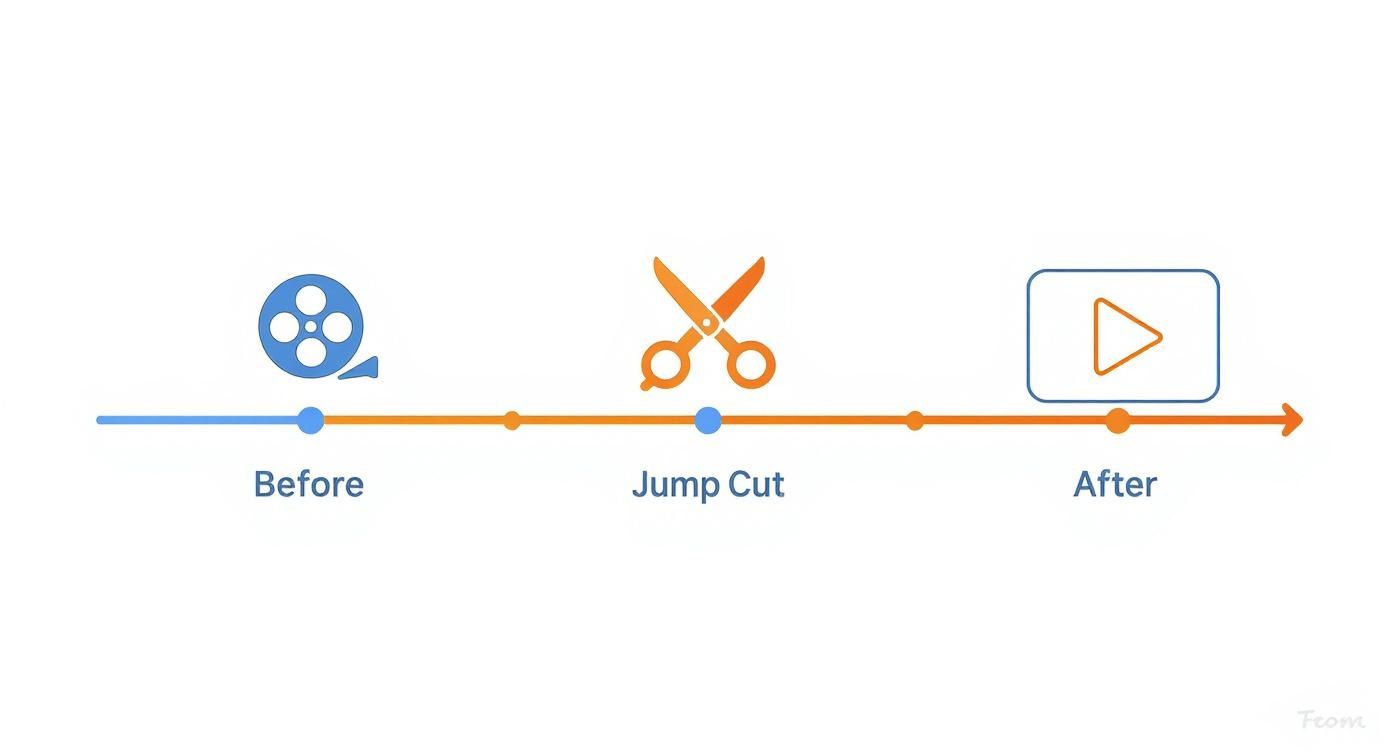 A timeline diagram illustrating a video jump cut with icons for film, scissors, and a play button.