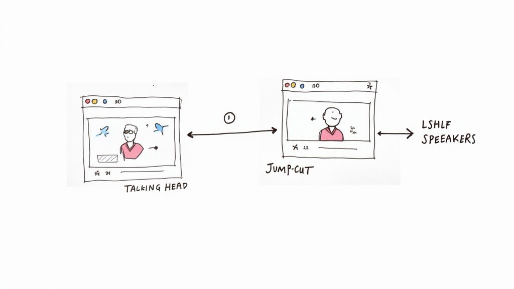 Hand-drawn diagram shows two video frames illustrating a jump cut for a talking head speaker.
