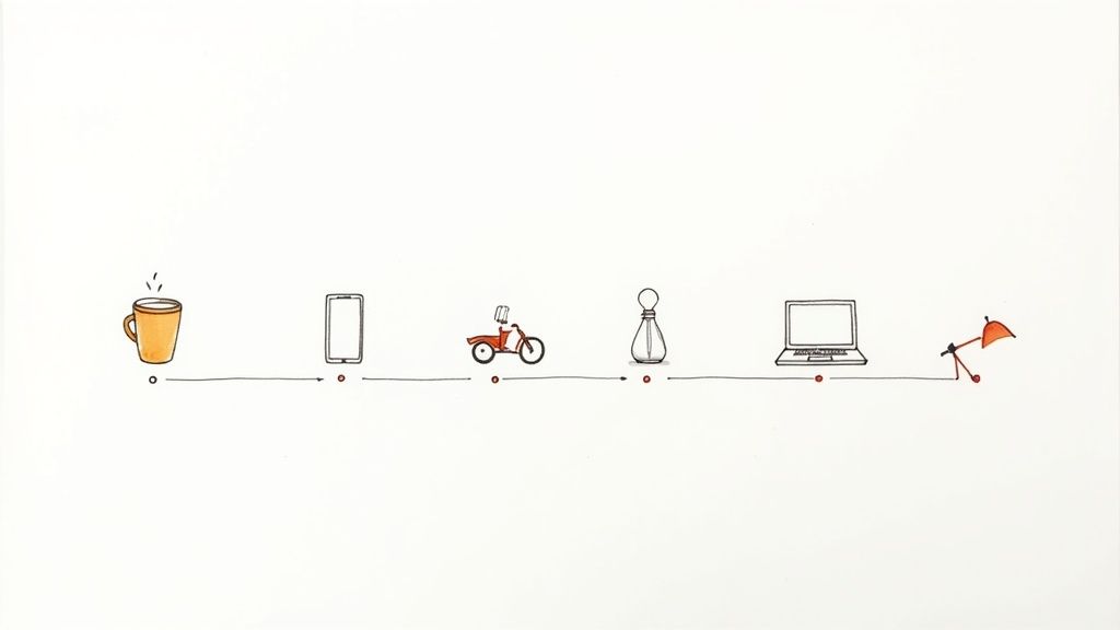 A hand-drawn timeline featuring a coffee mug, smartphone, bicycle, chess pawn, laptop, and desk lamp.