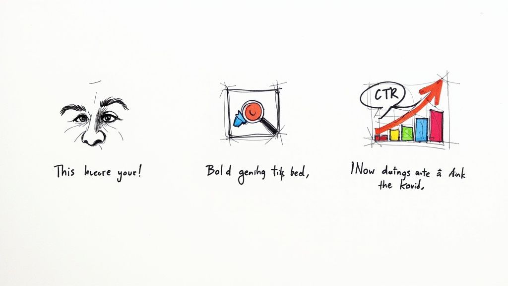 A hand-drawn sketch showing eyes, a magnifying glass icon, and a bar graph with an upward CTR arrow.