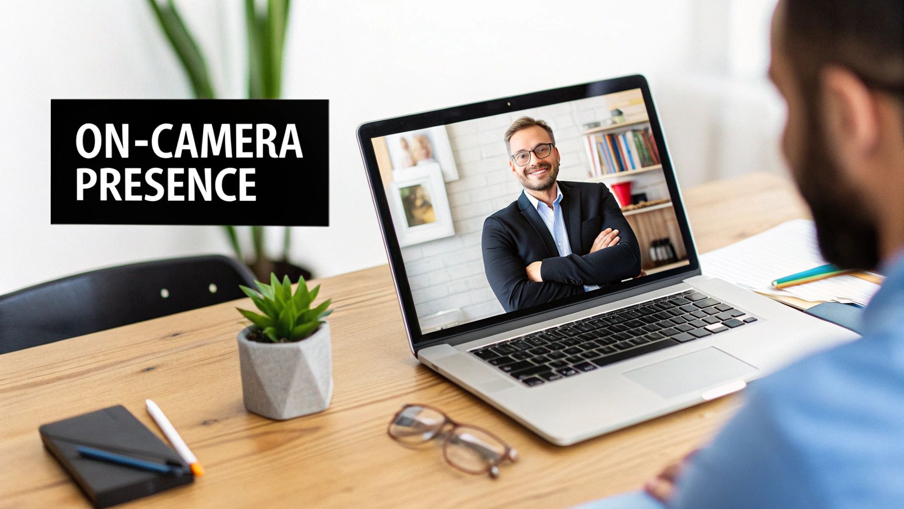 A man views a laptop showing a smiling speaker, with 'ON-CAMERA PRESENCE' text on screen.