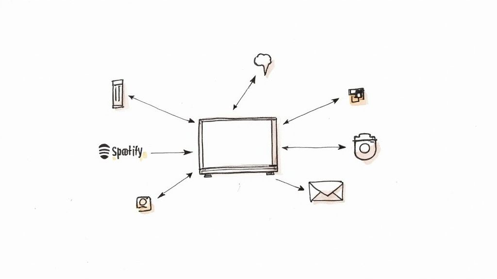 A diagram of a screen connected to various digital services including Spotify, email, camera, and documents.