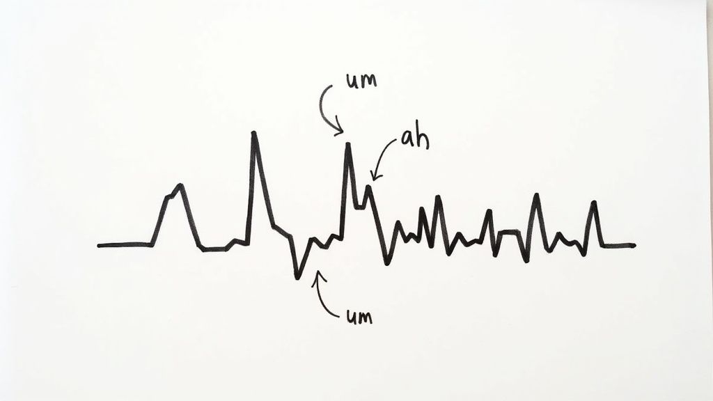 A hand-drawn speech waveform showing peaks labeled 'um' and 'ah', representing filler words.