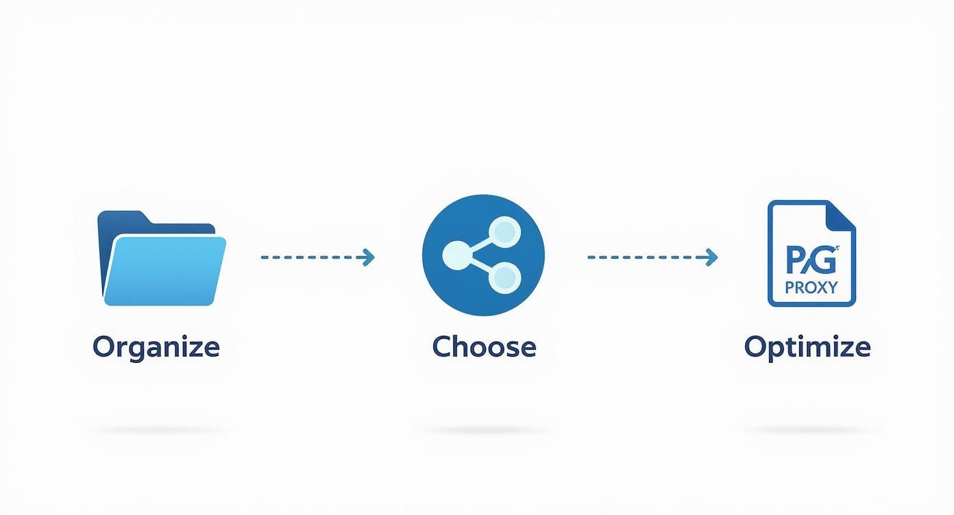 A three-step process showing organize documents, choose sharing options, and optimize with PG Proxy.