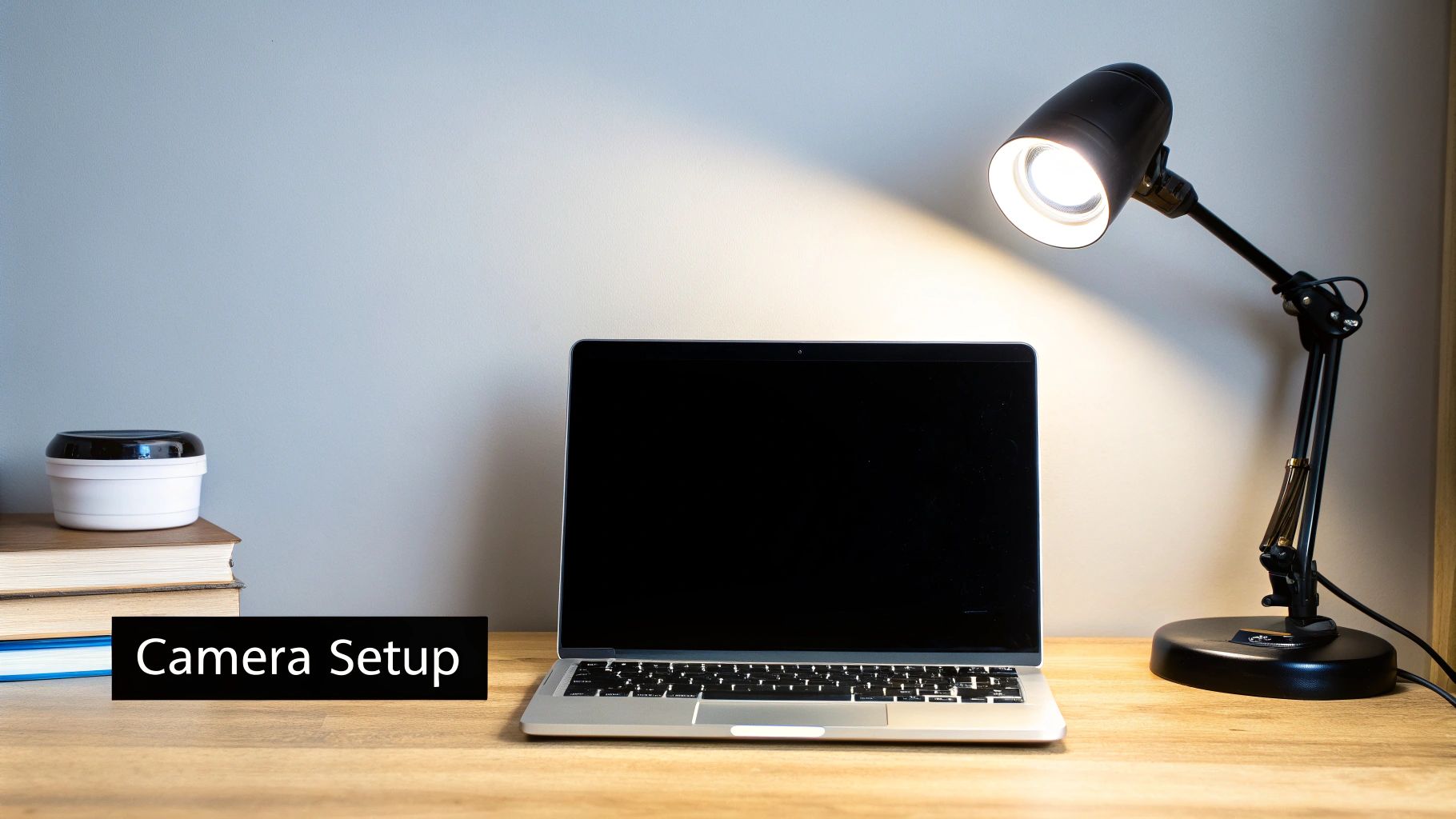 A minimalist desk setup with a laptop, an adjustable black lamp, books, and a container, featuring 'Camera Setup' text.