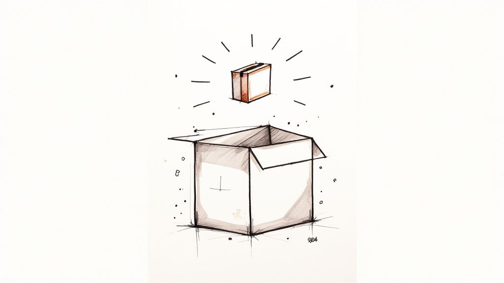 An illustration of an open box with a smaller, glowing brown box floating above it, symbolizing a new idea.