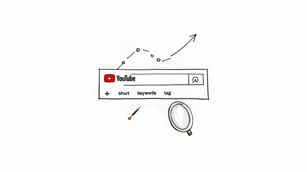 A hand-drawn illustration depicting YouTube search optimization with keywords, trends, and content tools.