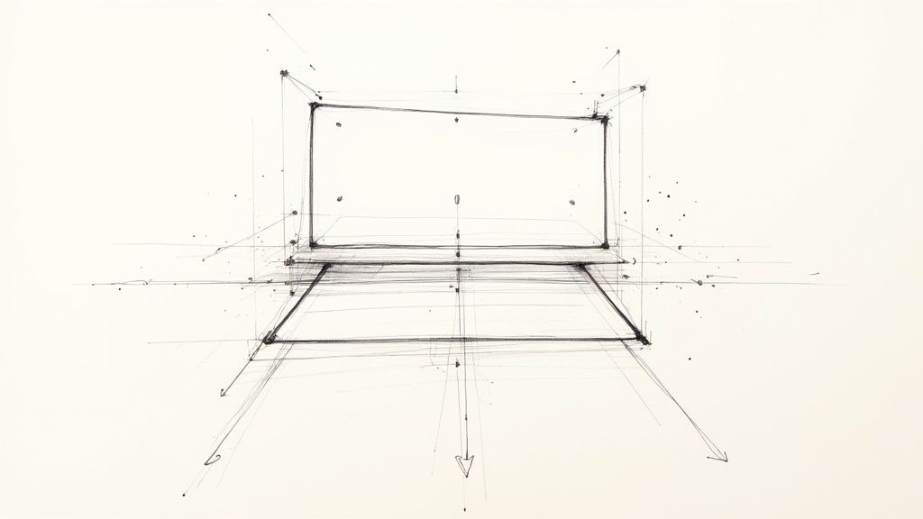 Architectural sketch of a screen or stage in perspective with construction lines on a light background.