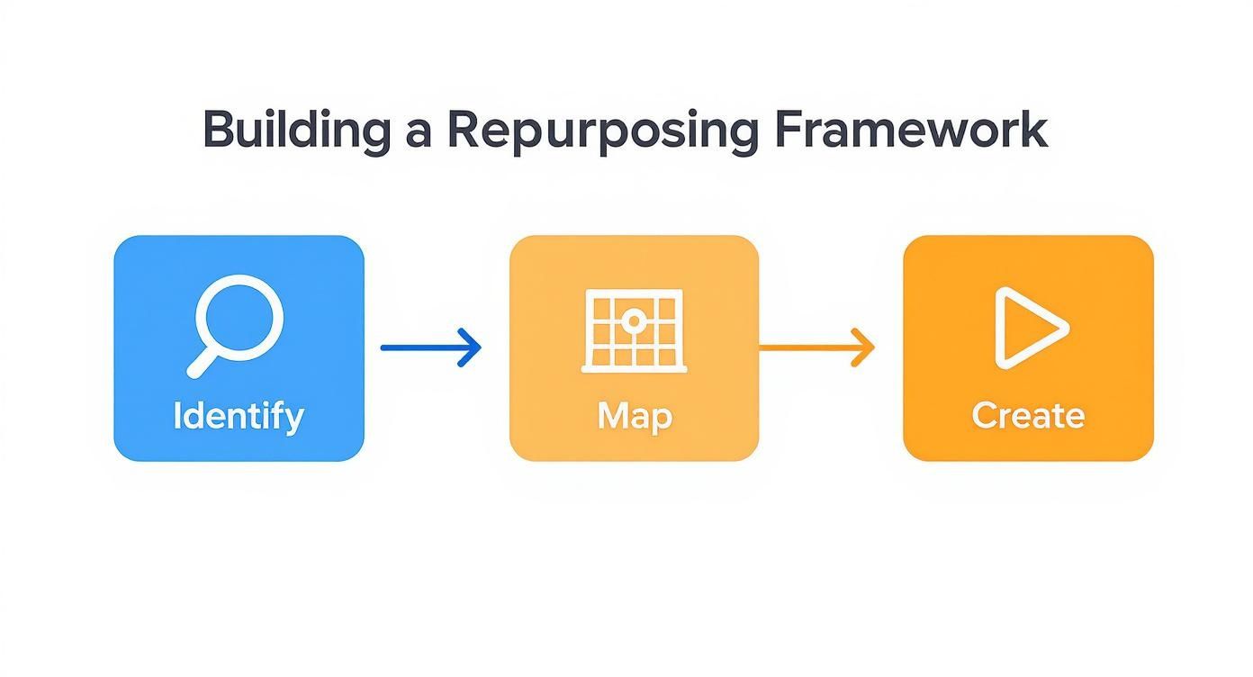 Diagram illustrating a three-step content repurposing framework: Identify, Map, and Create with icons.
