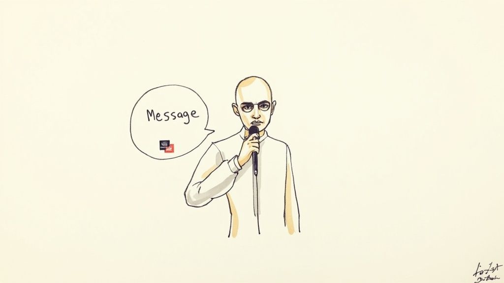 A minimalist illustration of a bald man in glasses speaking into a microphone with a 'Message' speech bubble.